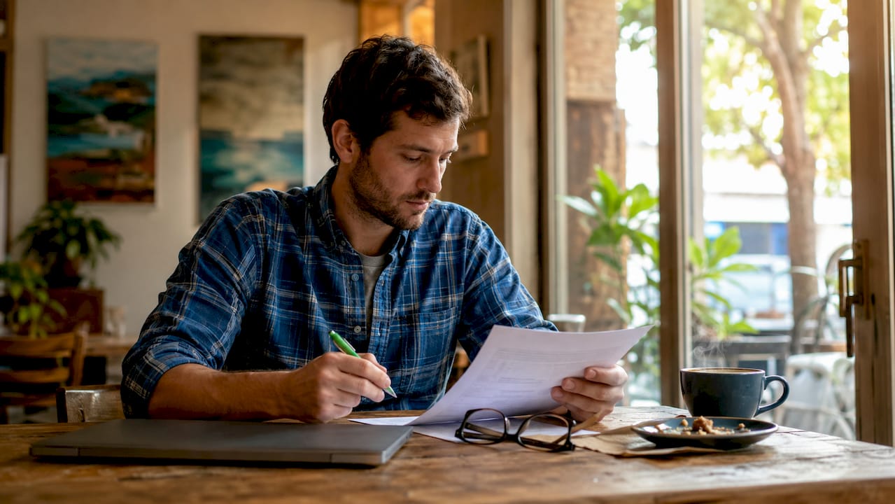 Project manager marking printed status reports