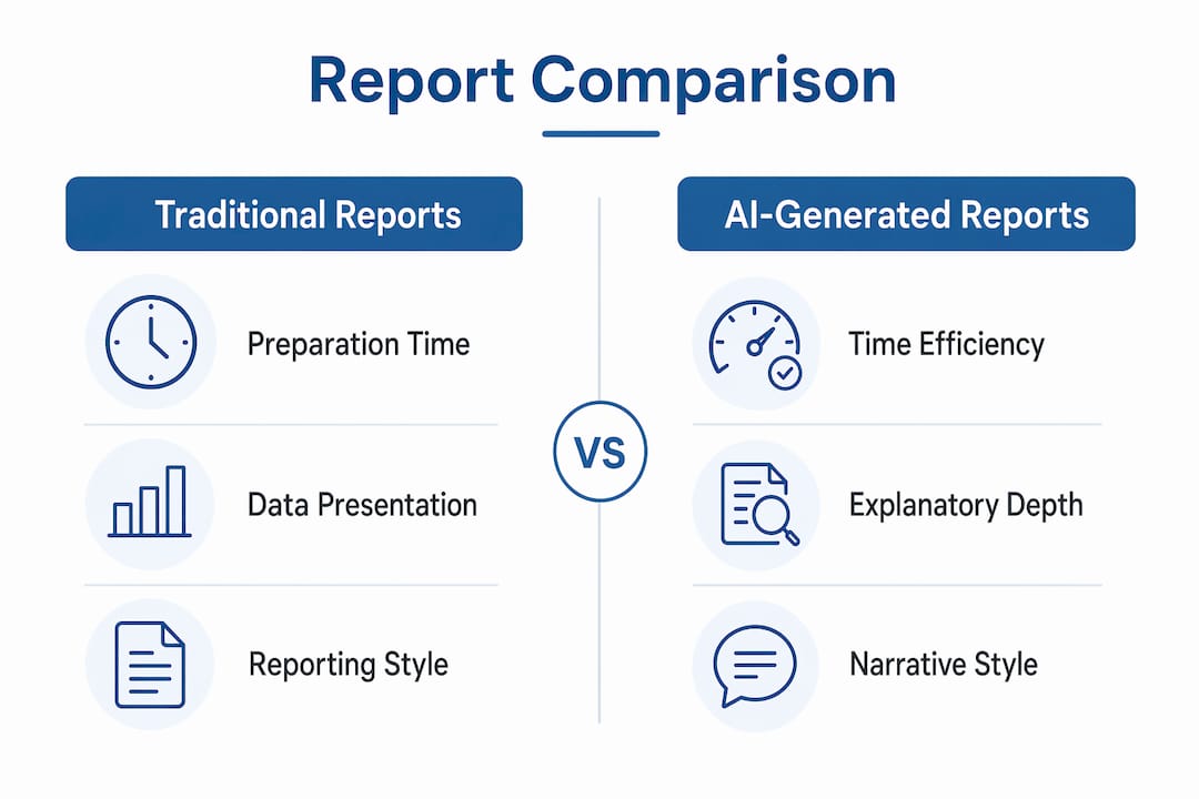 Comparison infographic of traditional versus AI-generated reports