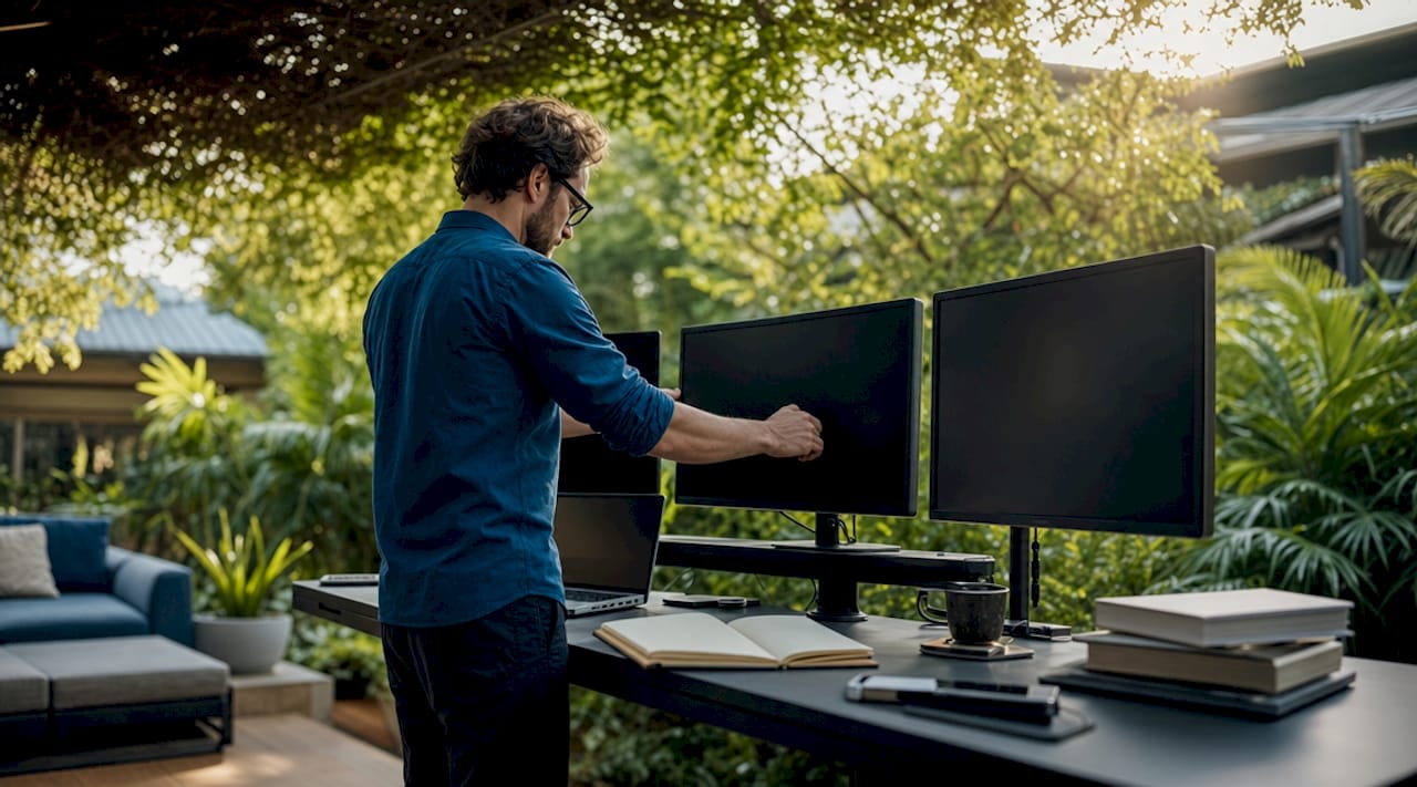 Engineer managing AI context versioning at standing desk