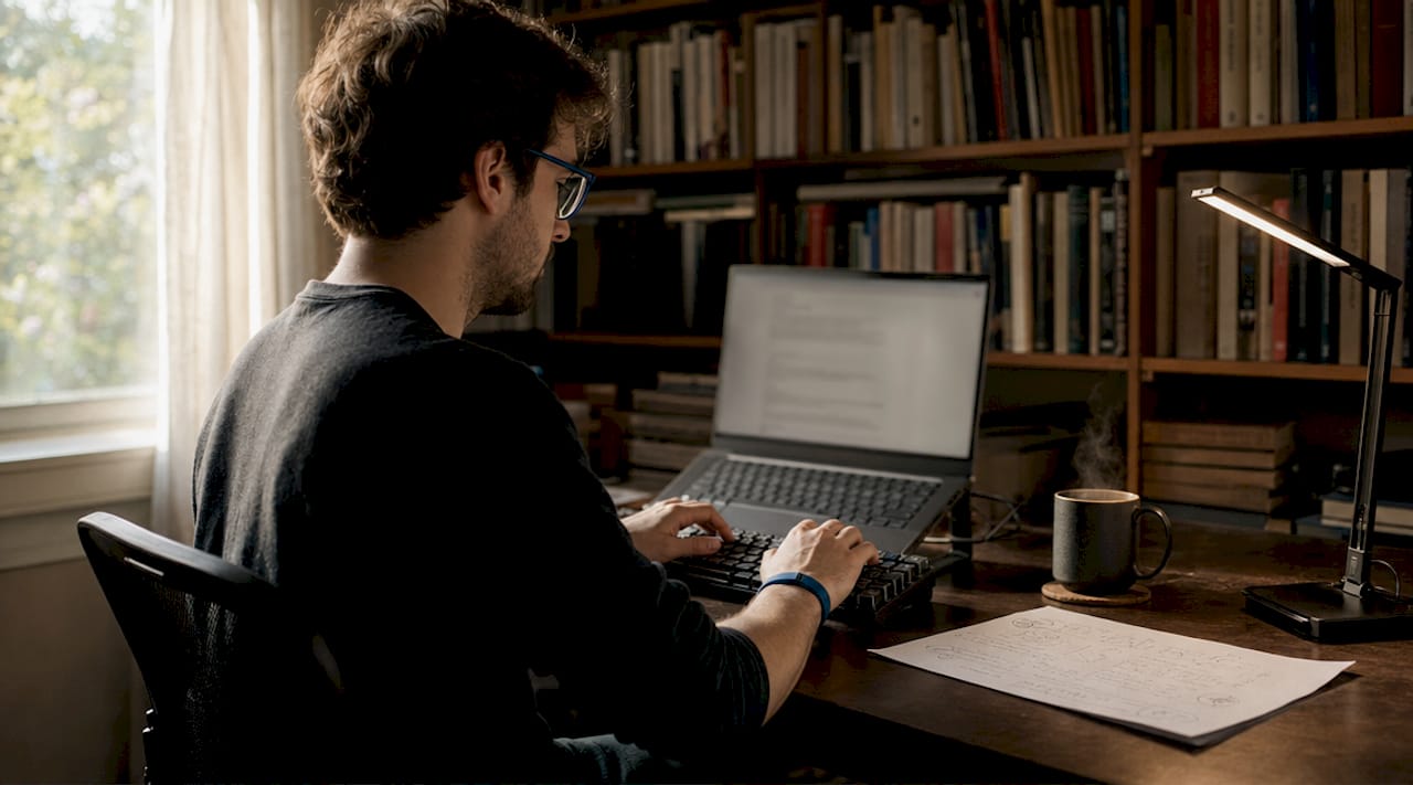 Hands typing near version history spreadsheet and laptop