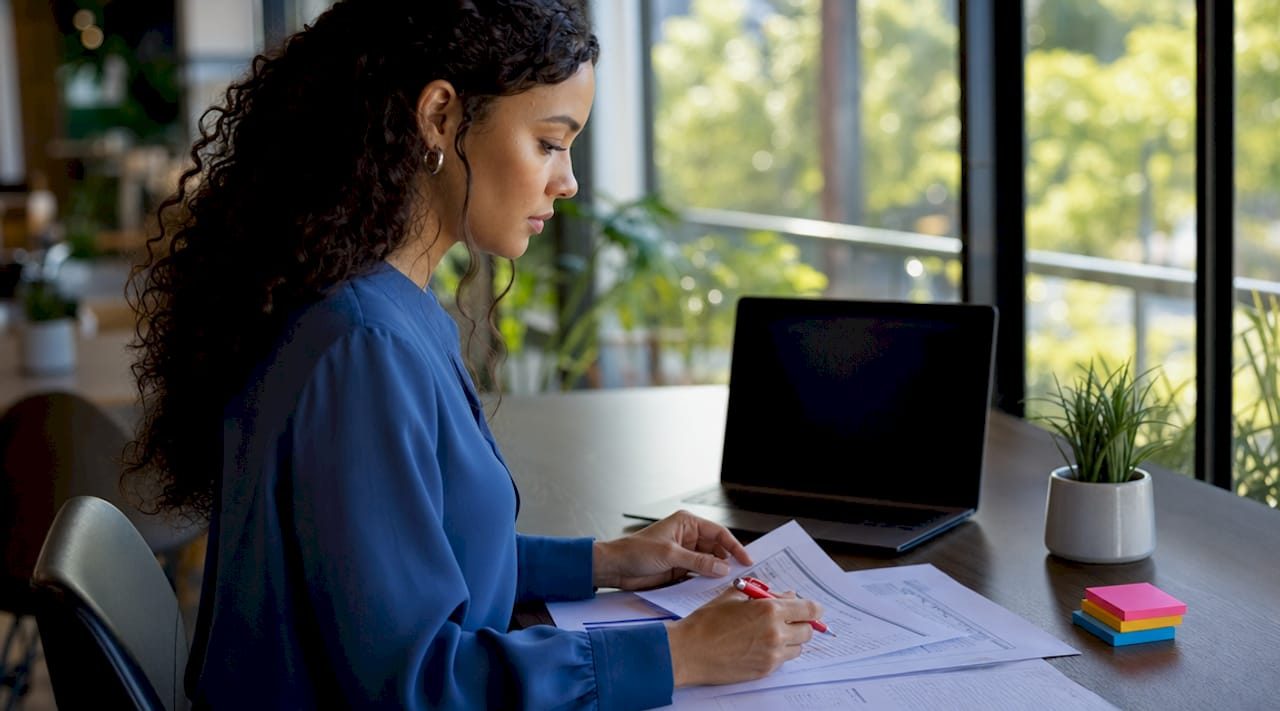 Professional reviewing AI audit reports at desk