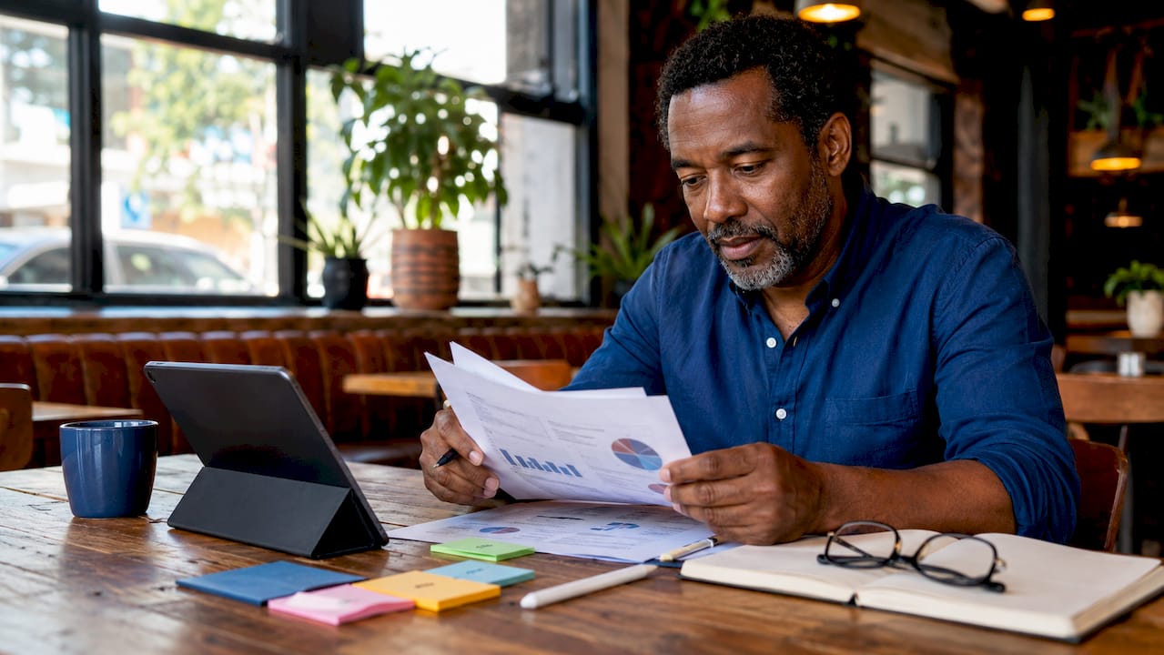Hands sorting live project data papers and tablet