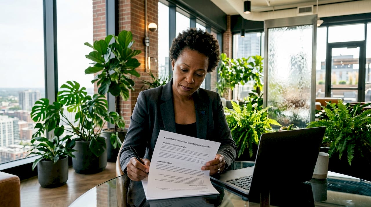 Executive reading AI update report in office