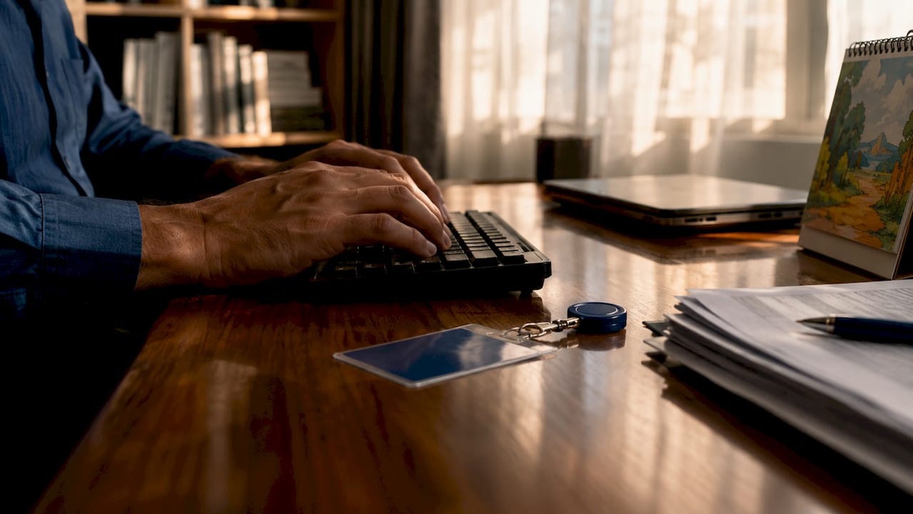 Security officer typing AI update briefing