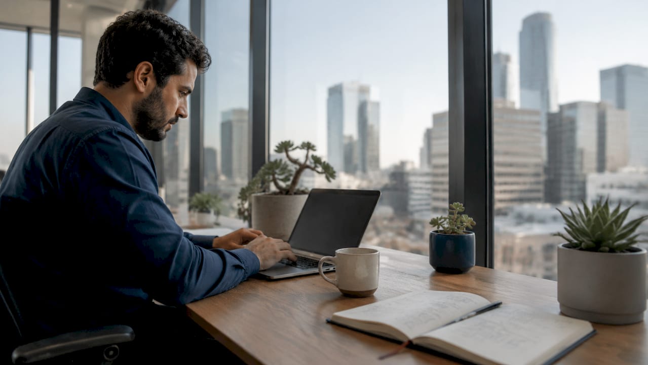 Engineer working on automation workflow in office