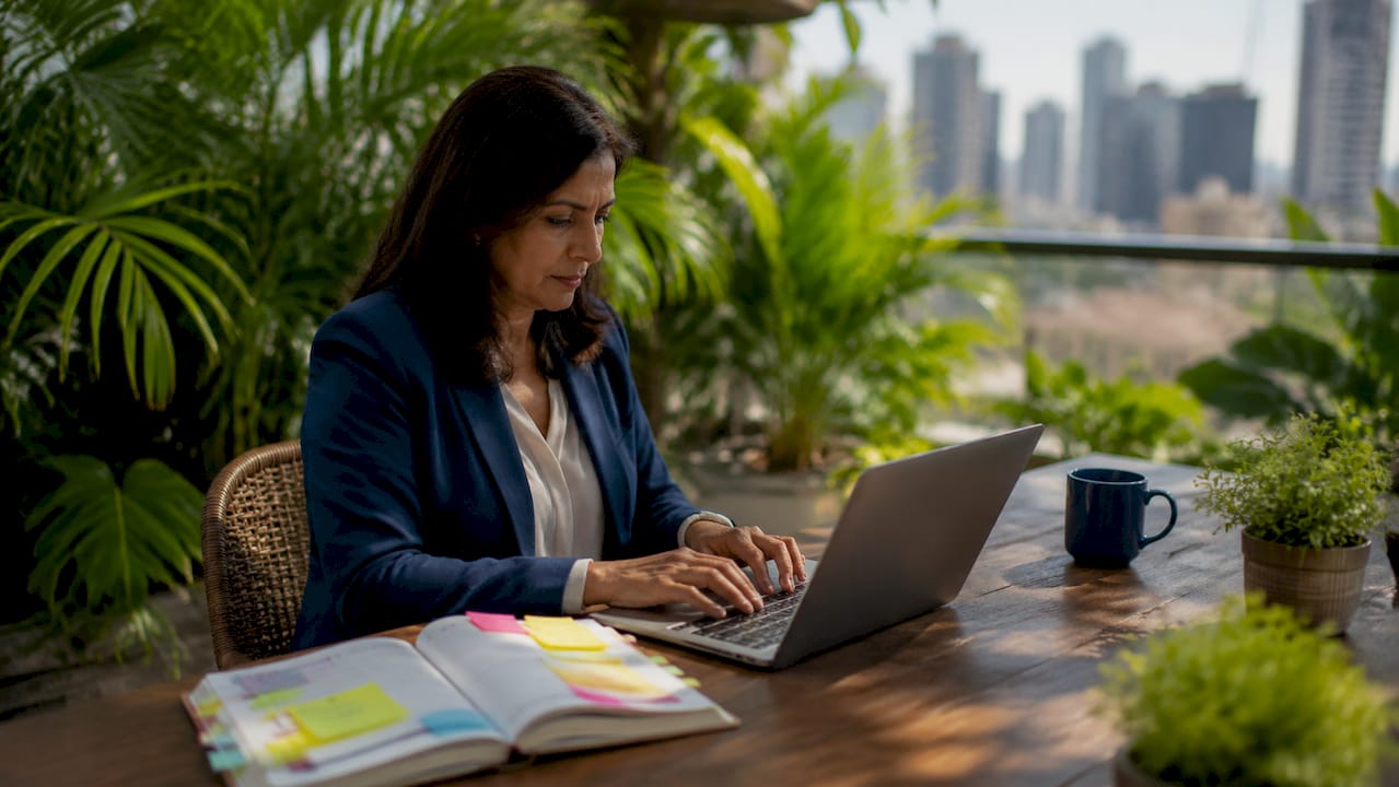 Executive working on AI-driven company updates in office