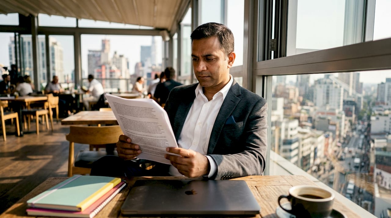 Leader reviewing printed AI briefing in office
