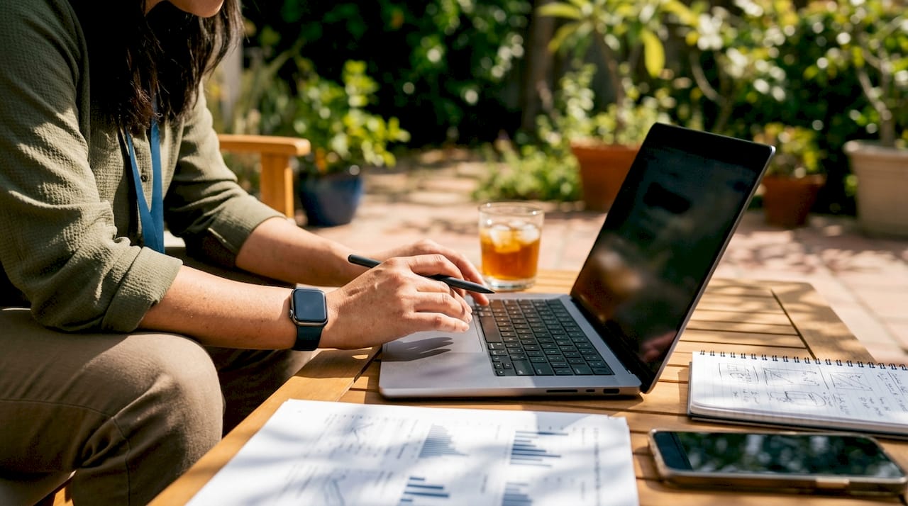 Hands analyzing AI engagement metrics on tablet