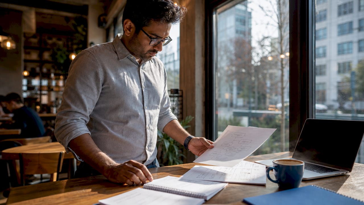 Technical leader reviewing AI context layer flowchart