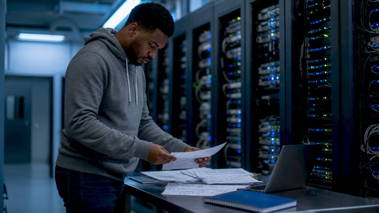 Hands typing on keyboard in server room access control