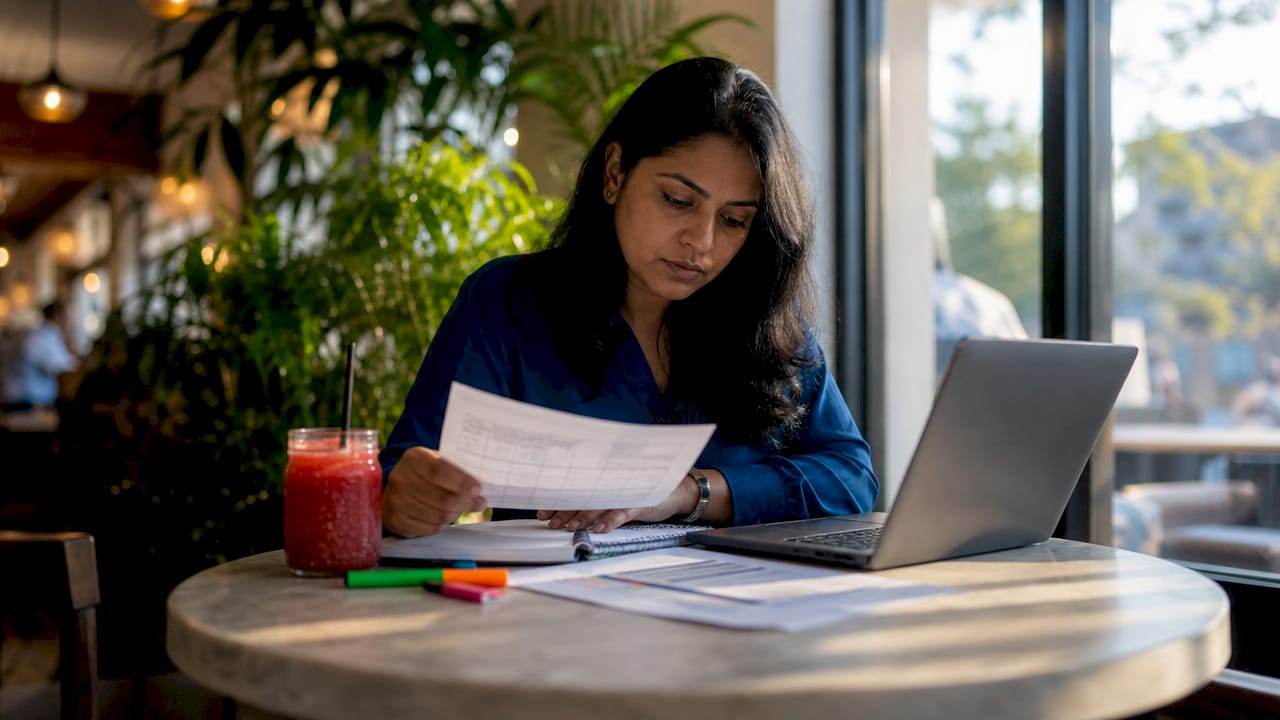 Analyst reviewing printed AI search permissions documents