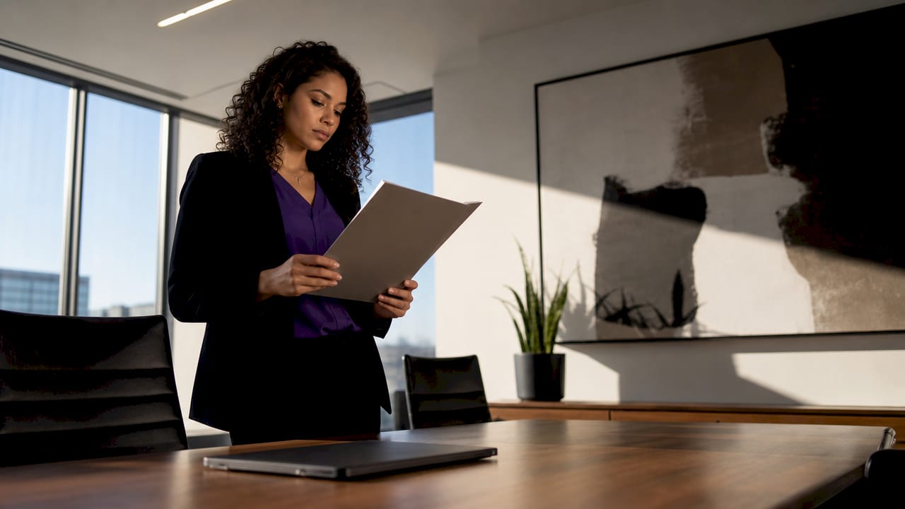 Businesswoman reviewing confidential documents in office