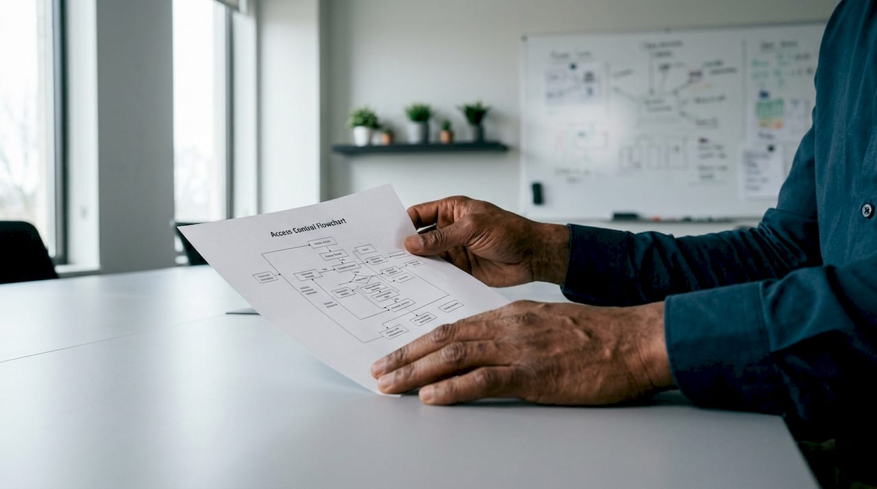 IT manager hands typing near access control diagram
