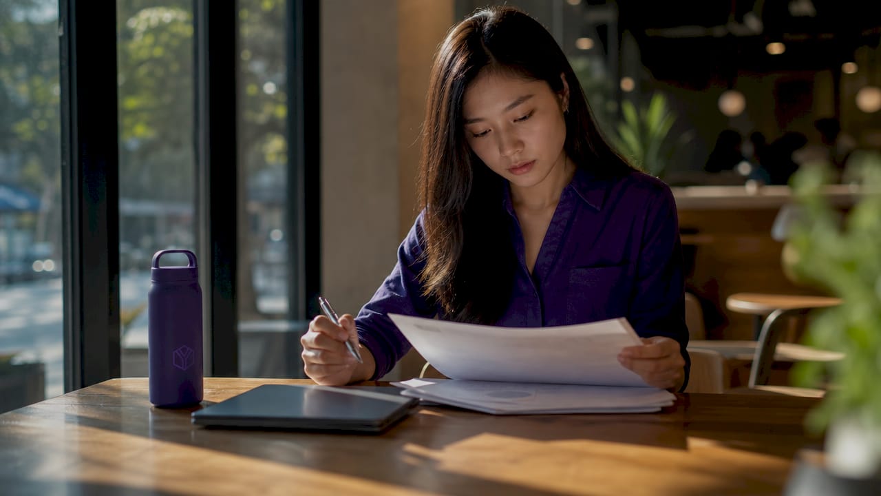 Founder reviewing confidential documents in startup office