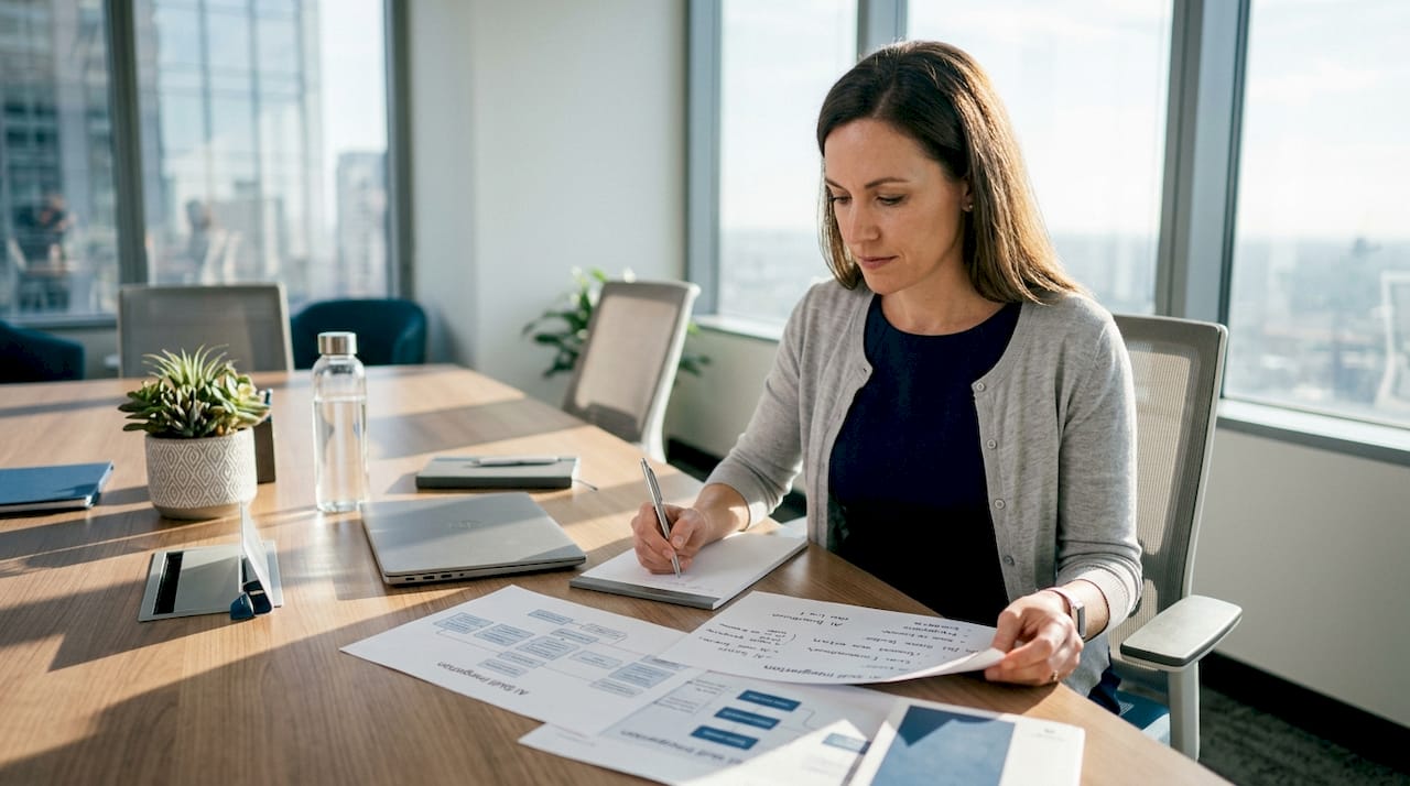Business leader reviewing AI workflow documents