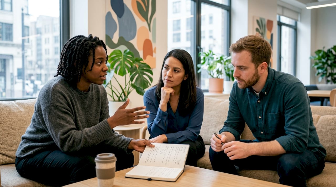 Diverse team discussing AI skill adoption in meeting