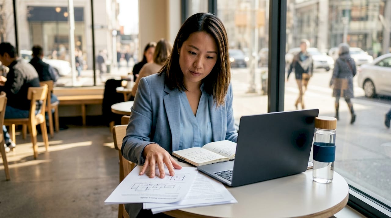 Woman reviewing governed AI context documents