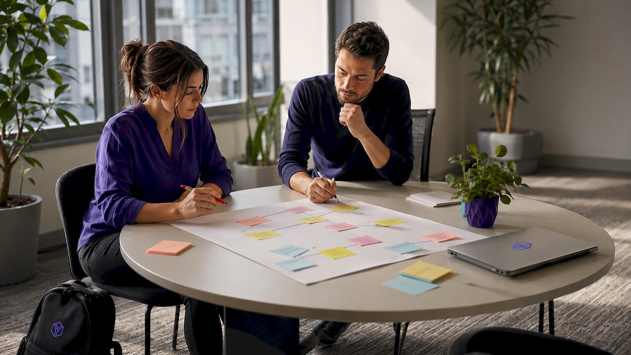 Hands mapping pitch deck arguments with notes