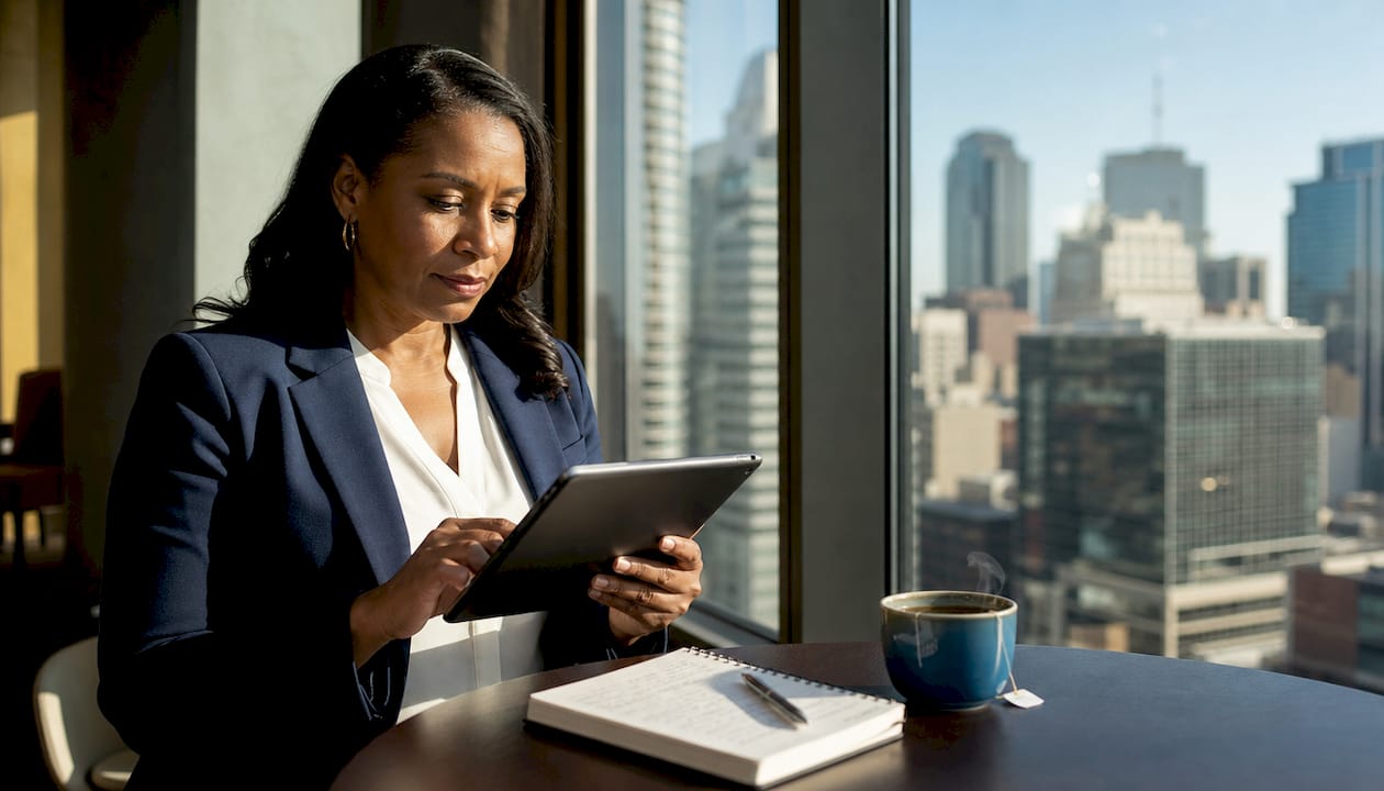 Leader reviewing daily updates on tablet