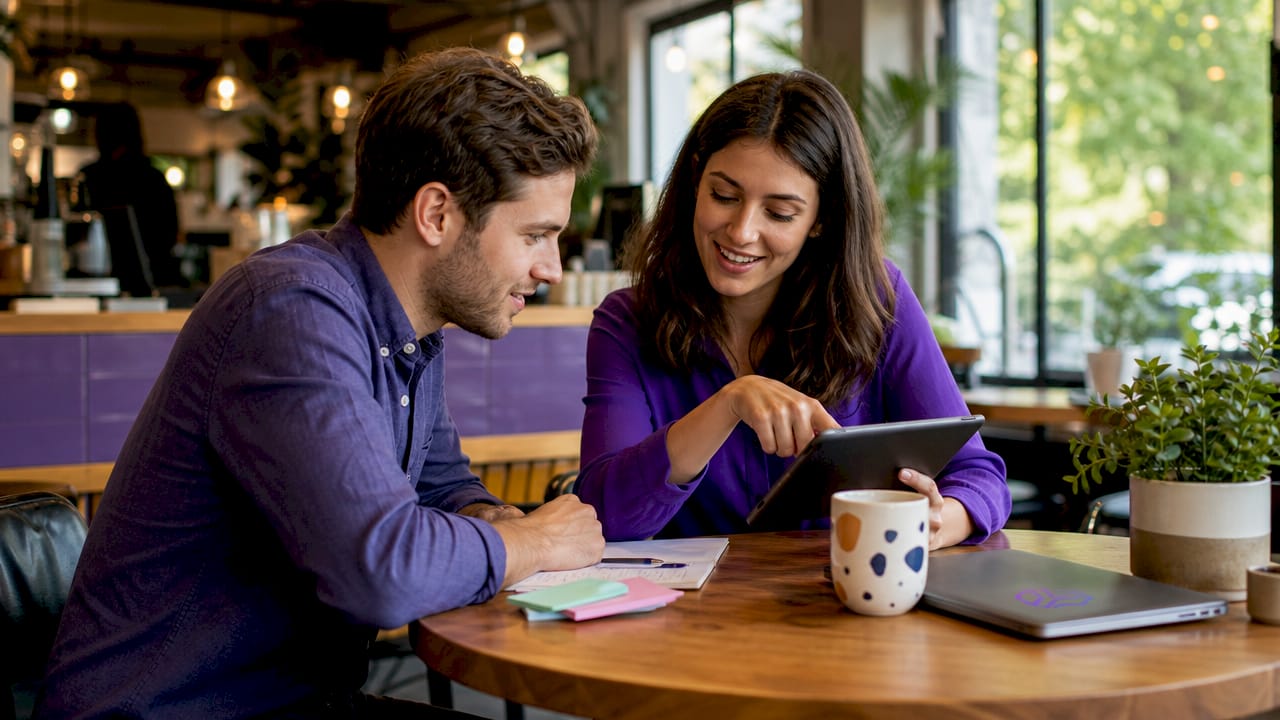 Two coworkers discussing digital sales room content