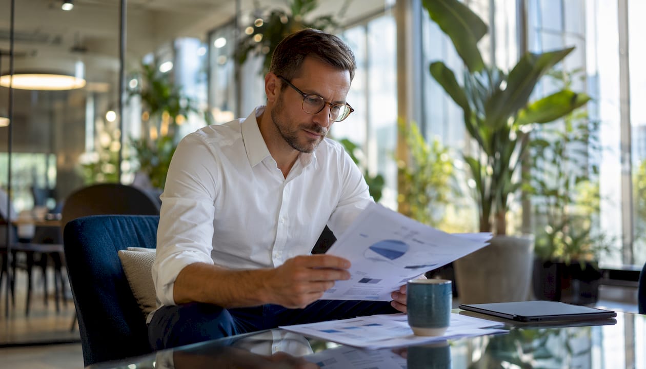 Technology leader reviewing metadata reports in office