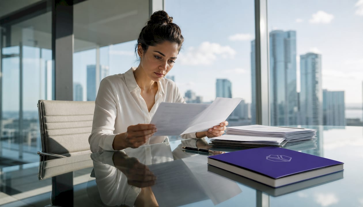 Founder reviewing due diligence documents at desk