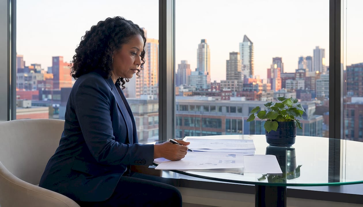 Executive reviewing briefing documents in office