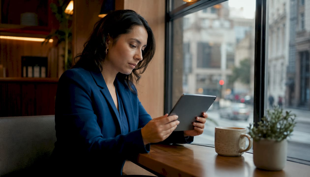 Professional woman reviewing private AI update briefing on tablet