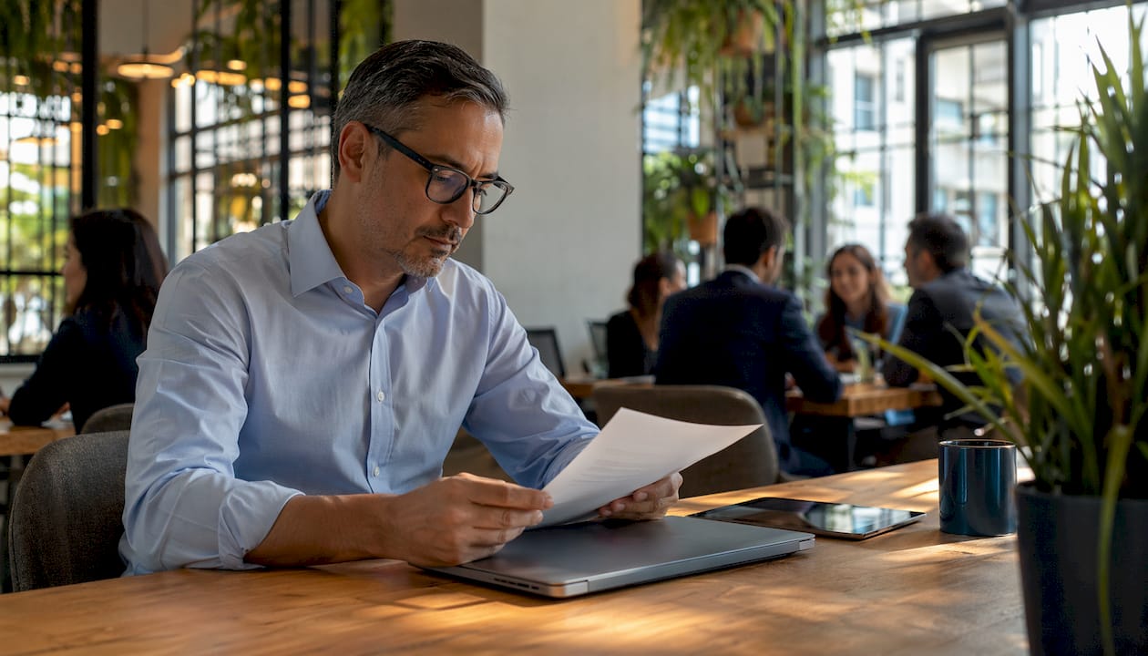 Man interacting with AI-generated notes in office
