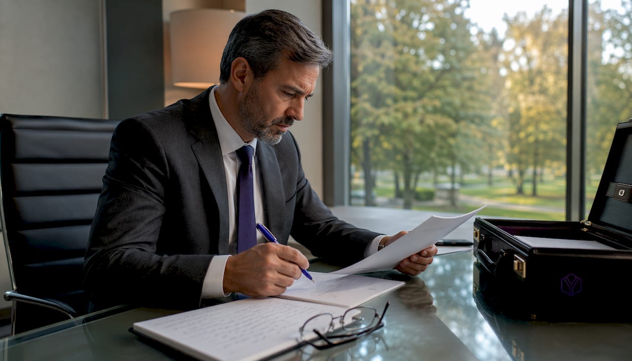 Lawyer carefully reviewing NDA draft in office