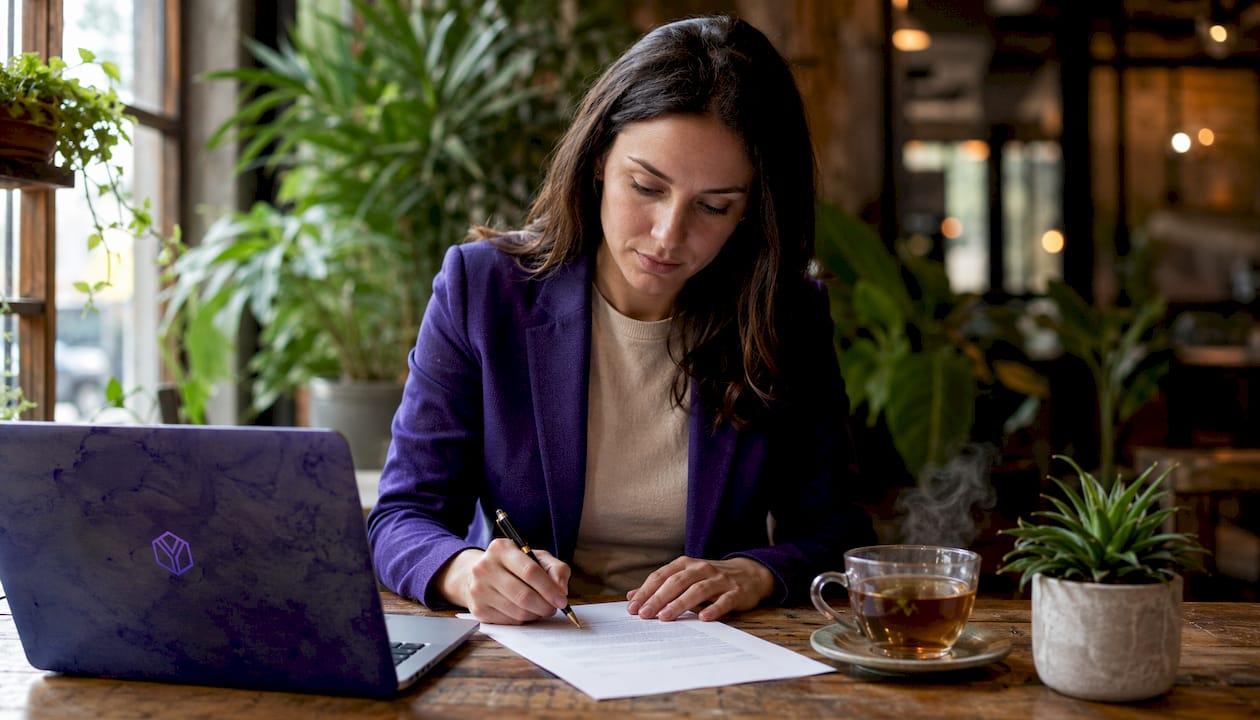 Startup founder signing NDA document in co-working space