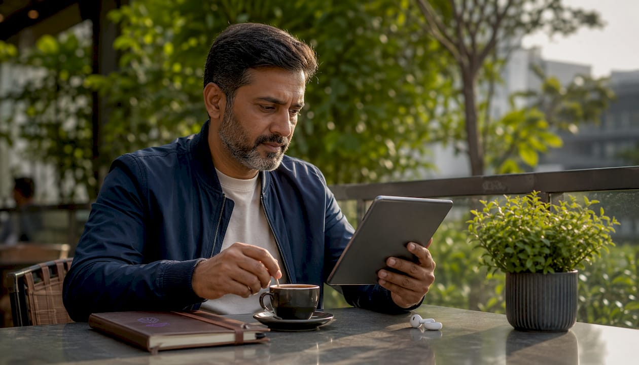 Man reviewing compliance controls on tablet