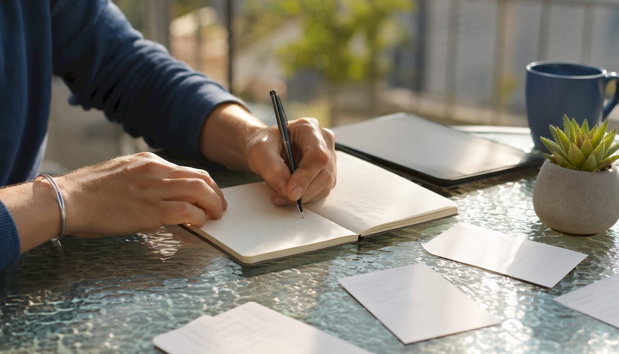 Hands writing claim ledger on notebook