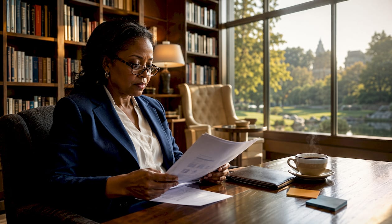 Executive reviewing printed daily briefing at desk