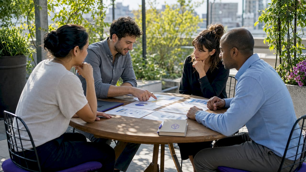 Team reviewing pitch deck presentation in office
