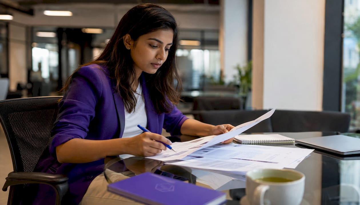 Founder reviewing investor documents at home office
