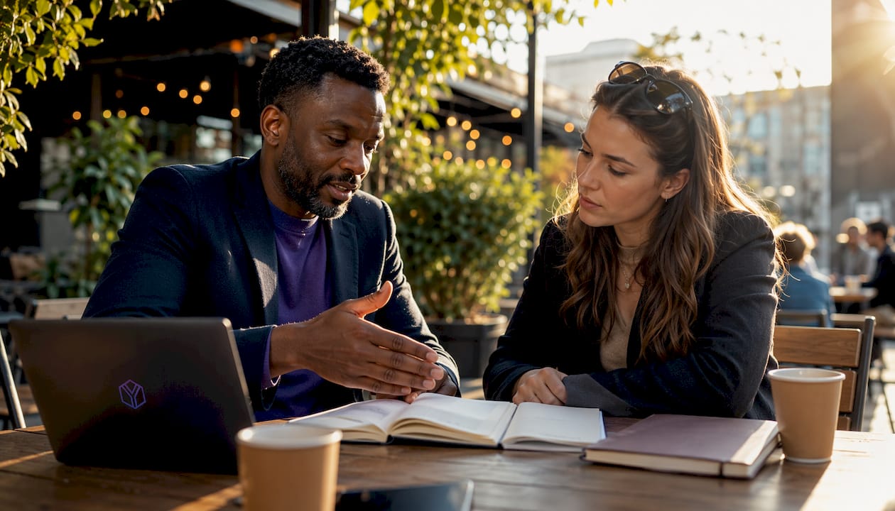 Co-founders discussing investor behavior in café