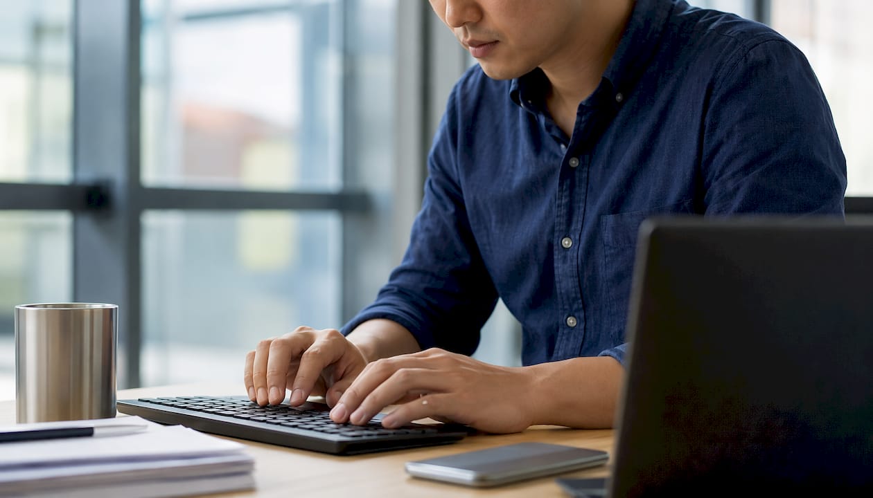 Hands typing on keyboard managing connected tools