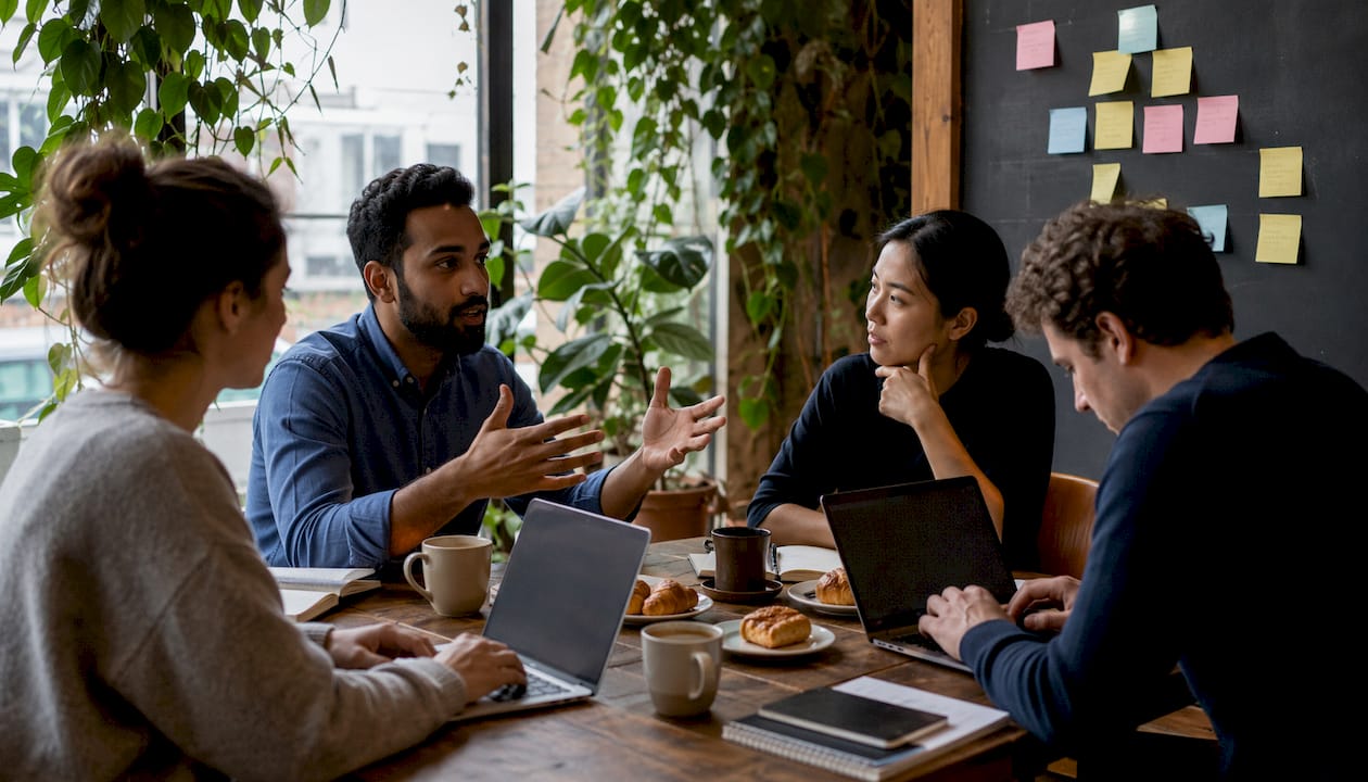 Diverse team planning AI briefing rollout