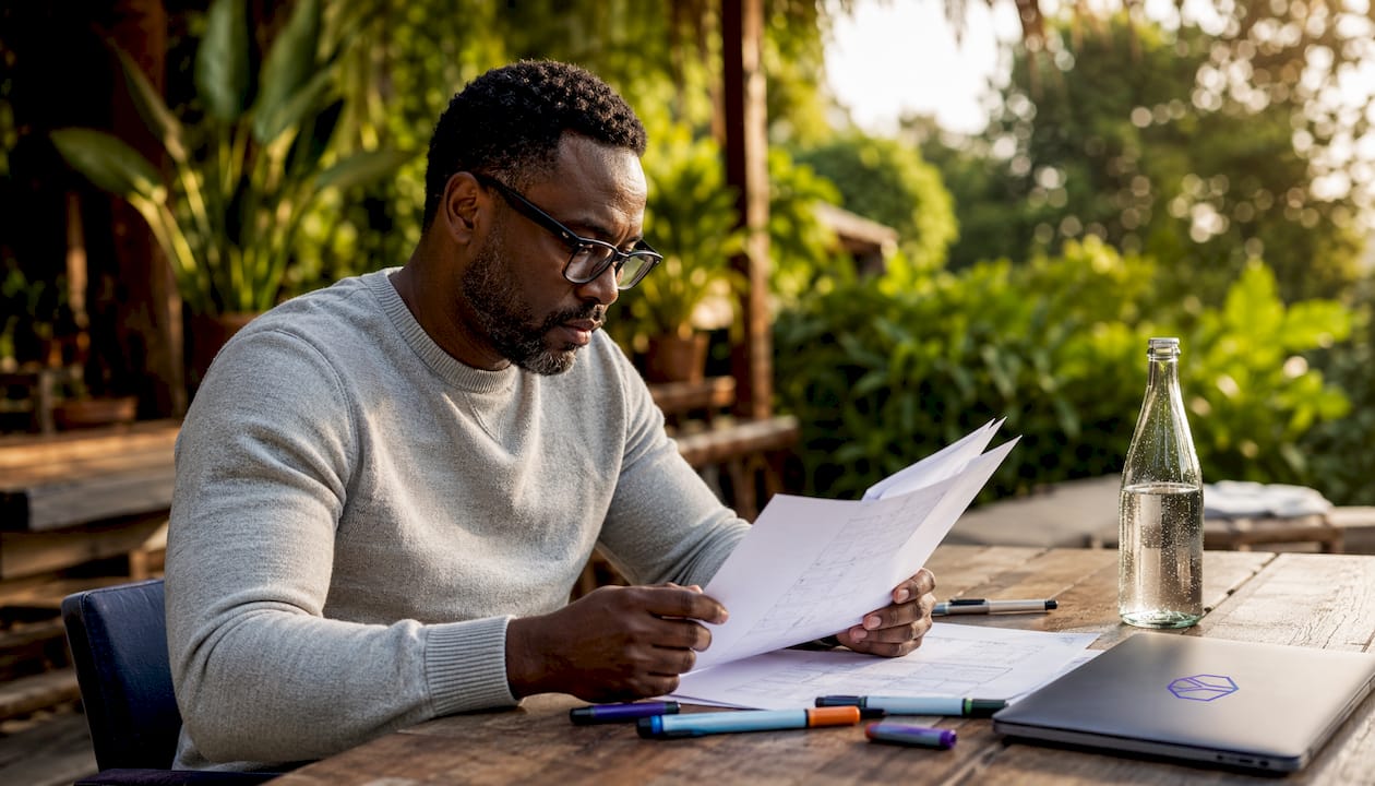 Entrepreneur crafting narrative notes in meeting room