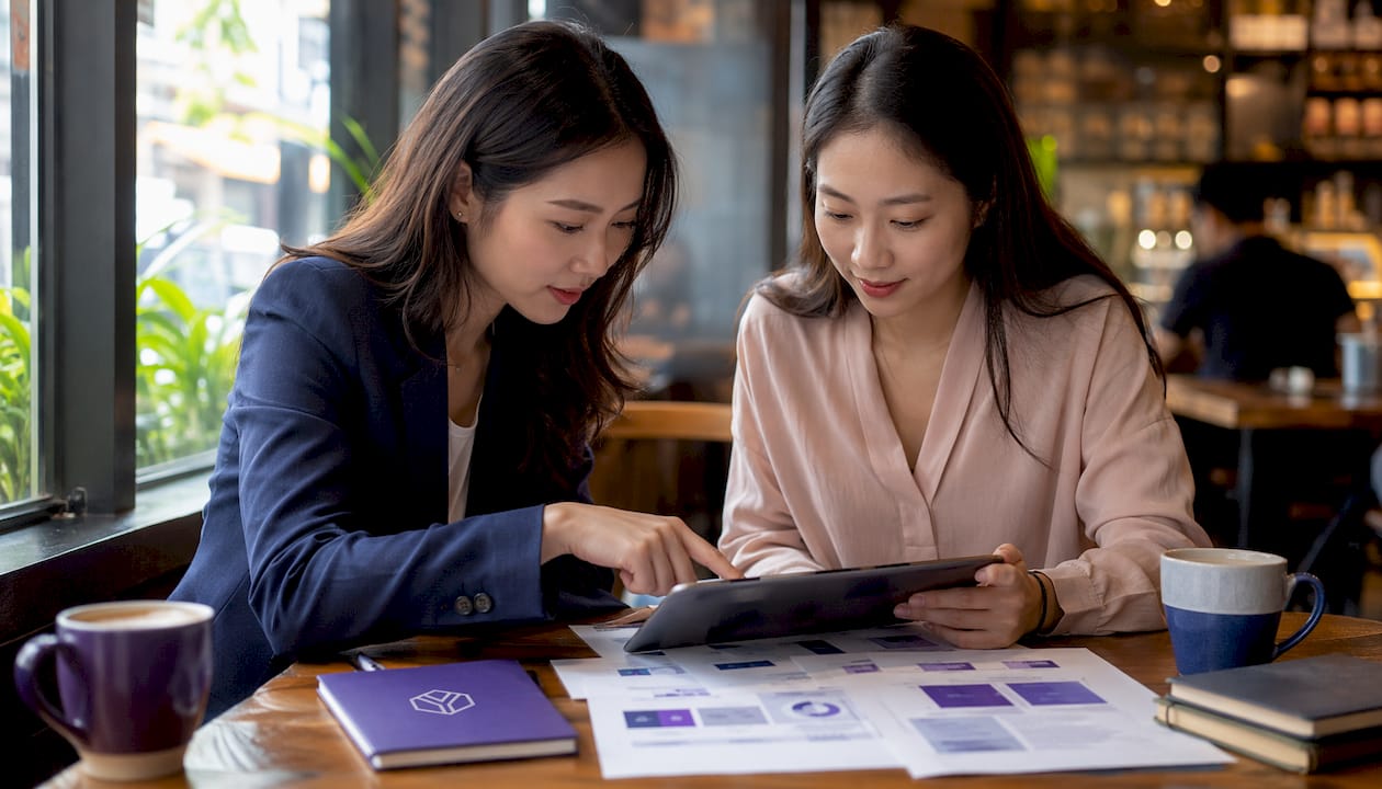 Two women discussing GTM strategy in co-working space
