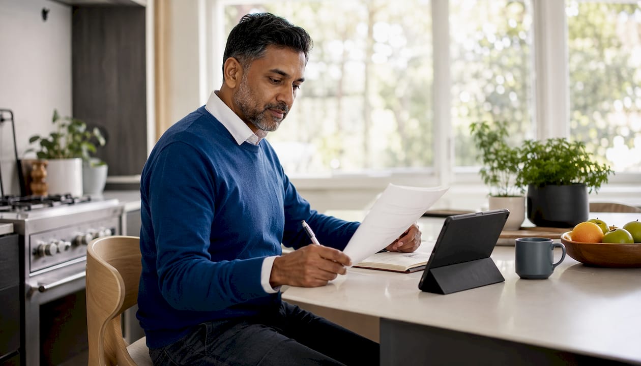Leader reviewing daily update on tablet and notes