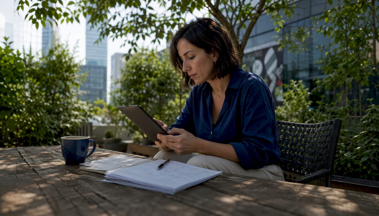 Woman reviewing company data on tablet in office