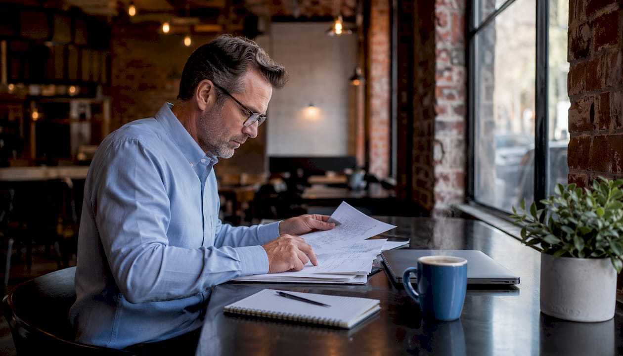 Leader reviewing printed data briefing at meeting table