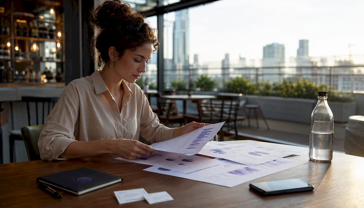 Founder reviewing fundraising pitch decks and charts