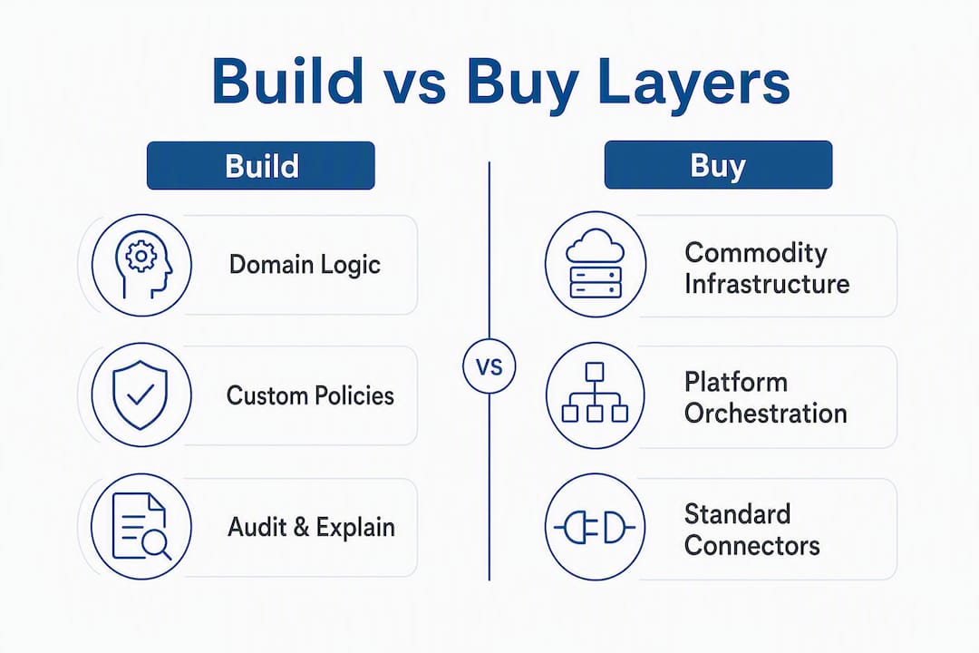 Infographic comparing build and buy choices in AI layers