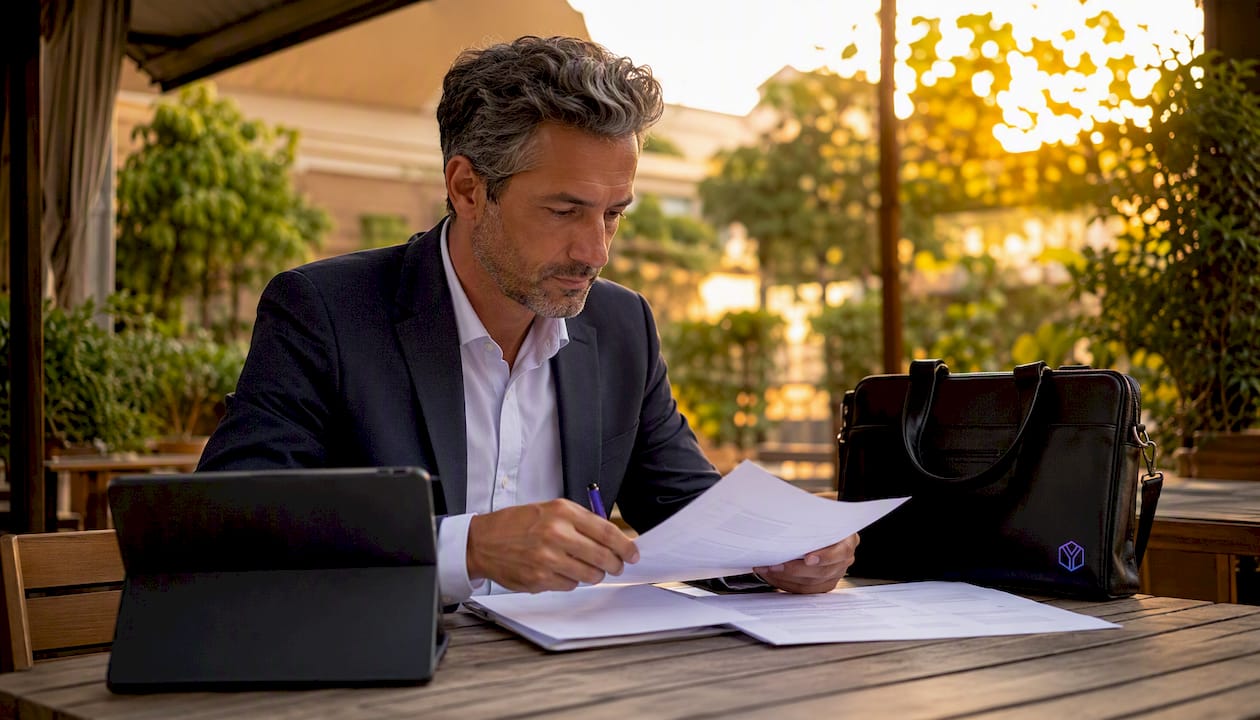 Advisor reviewing printed proposal documents