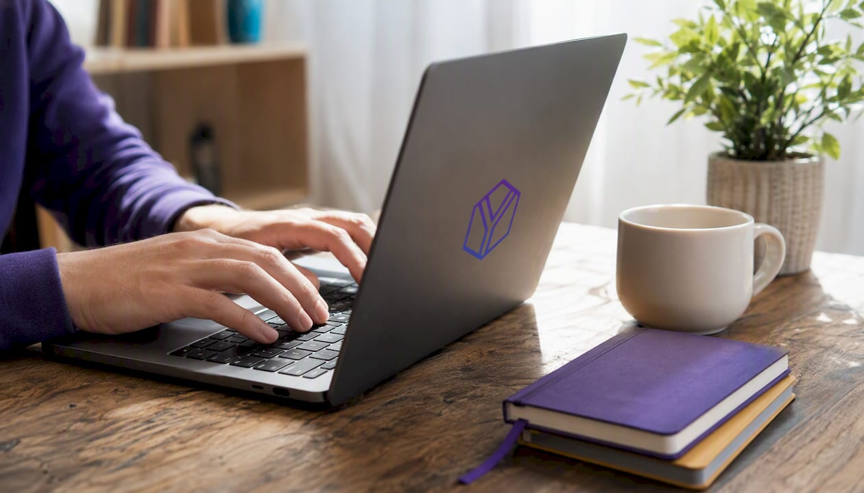 Hands typing on laptop keyboard in startup office