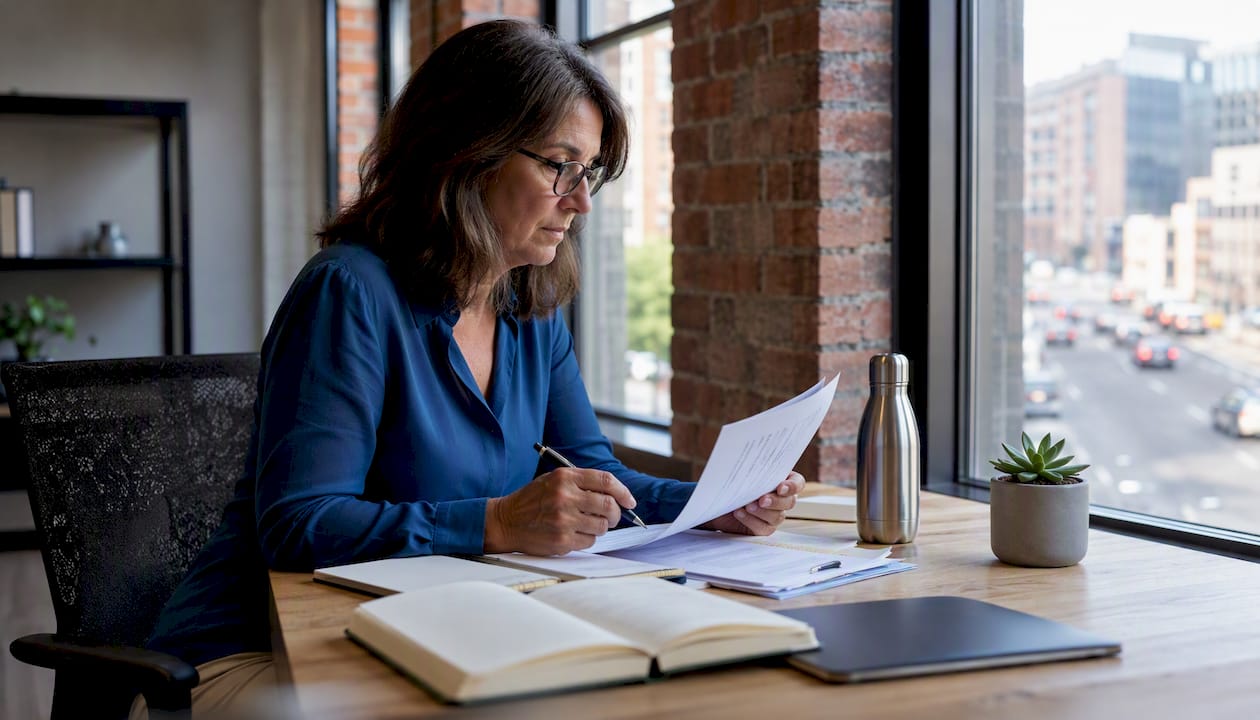 Woman reviewing AI assistant report in corporate library