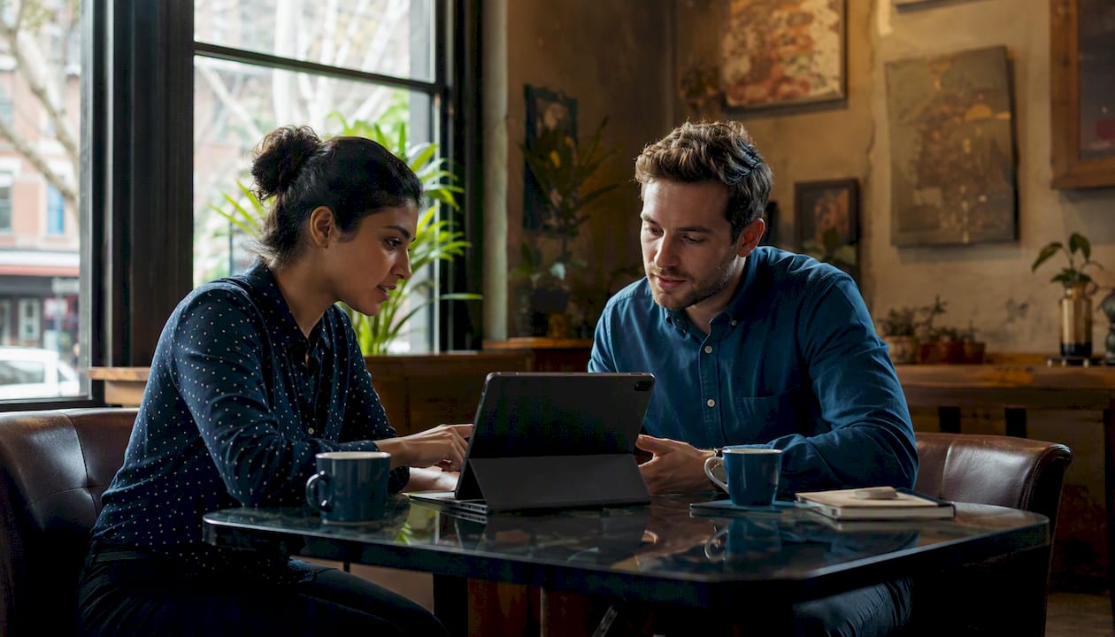 Colleagues discussing AI assistant user mistakes in lounge